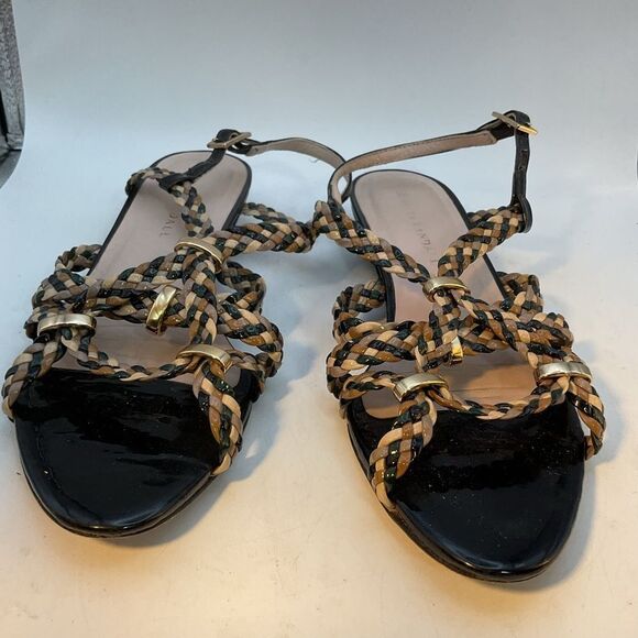 Loeffler Randal Ladies Sandals 8 Black Gold Beige Patent Leather Flats Shoes - Picture 8 of 15